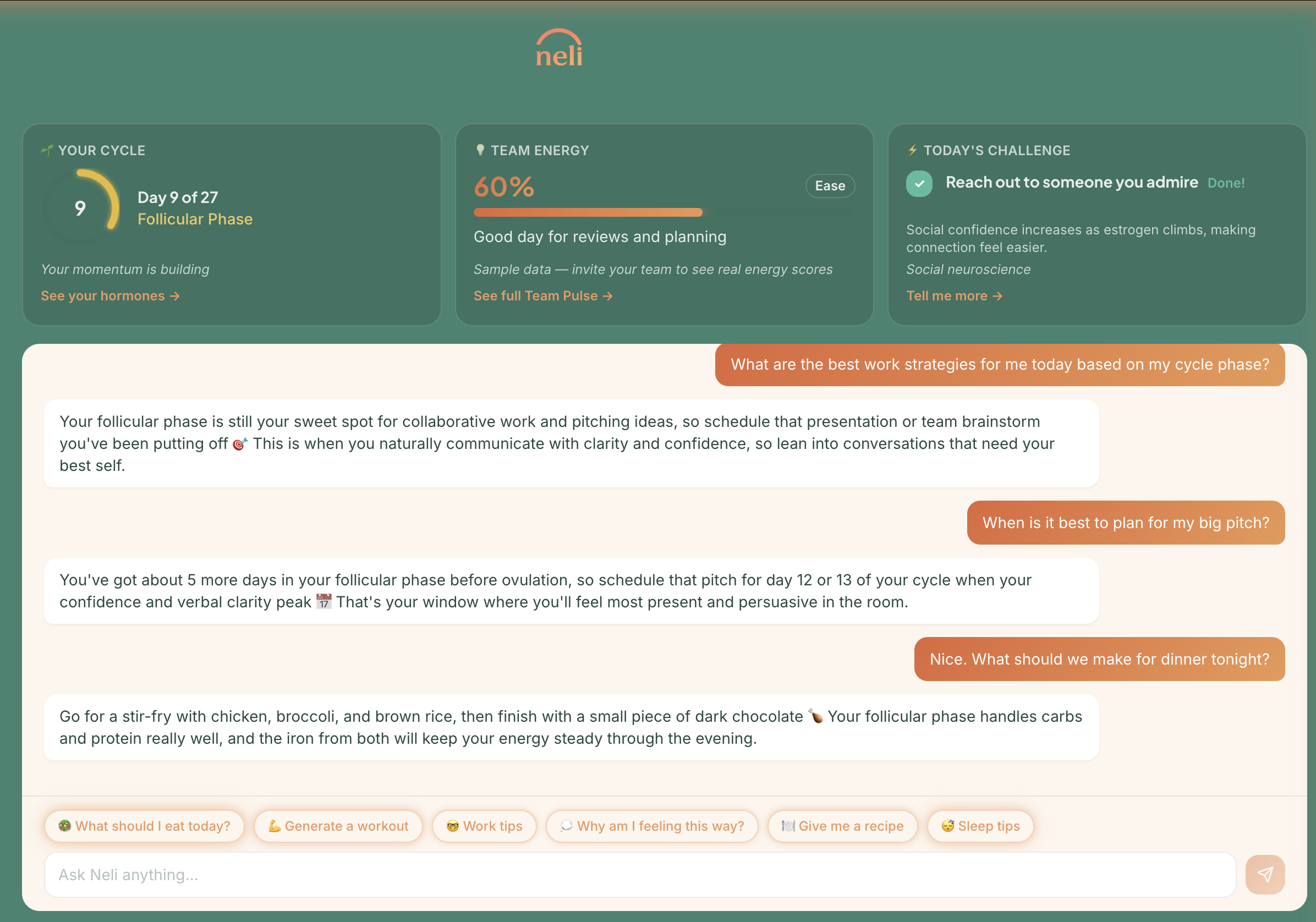 Ask Neli AI chat showing personalized conversation with quick-action chips for nutrition, workouts, work tips, and sleep guidance