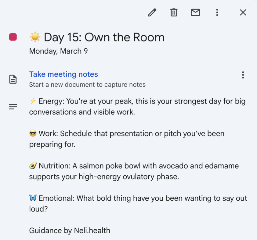 Neli calendar sync showing phase markers and energy windows alongside work meetings