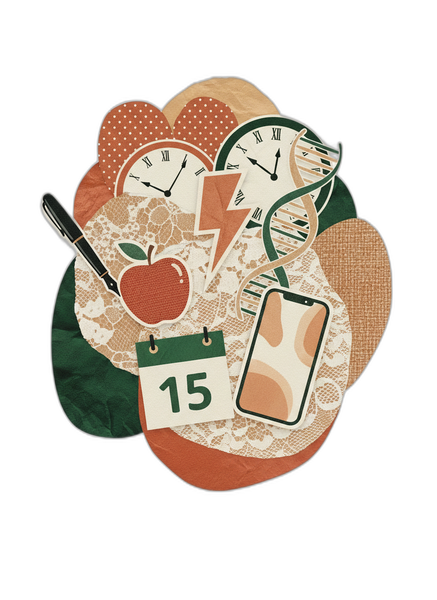 Vintage collage illustration with apple, clocks, calendar, phone, and DNA in terracotta and forest green