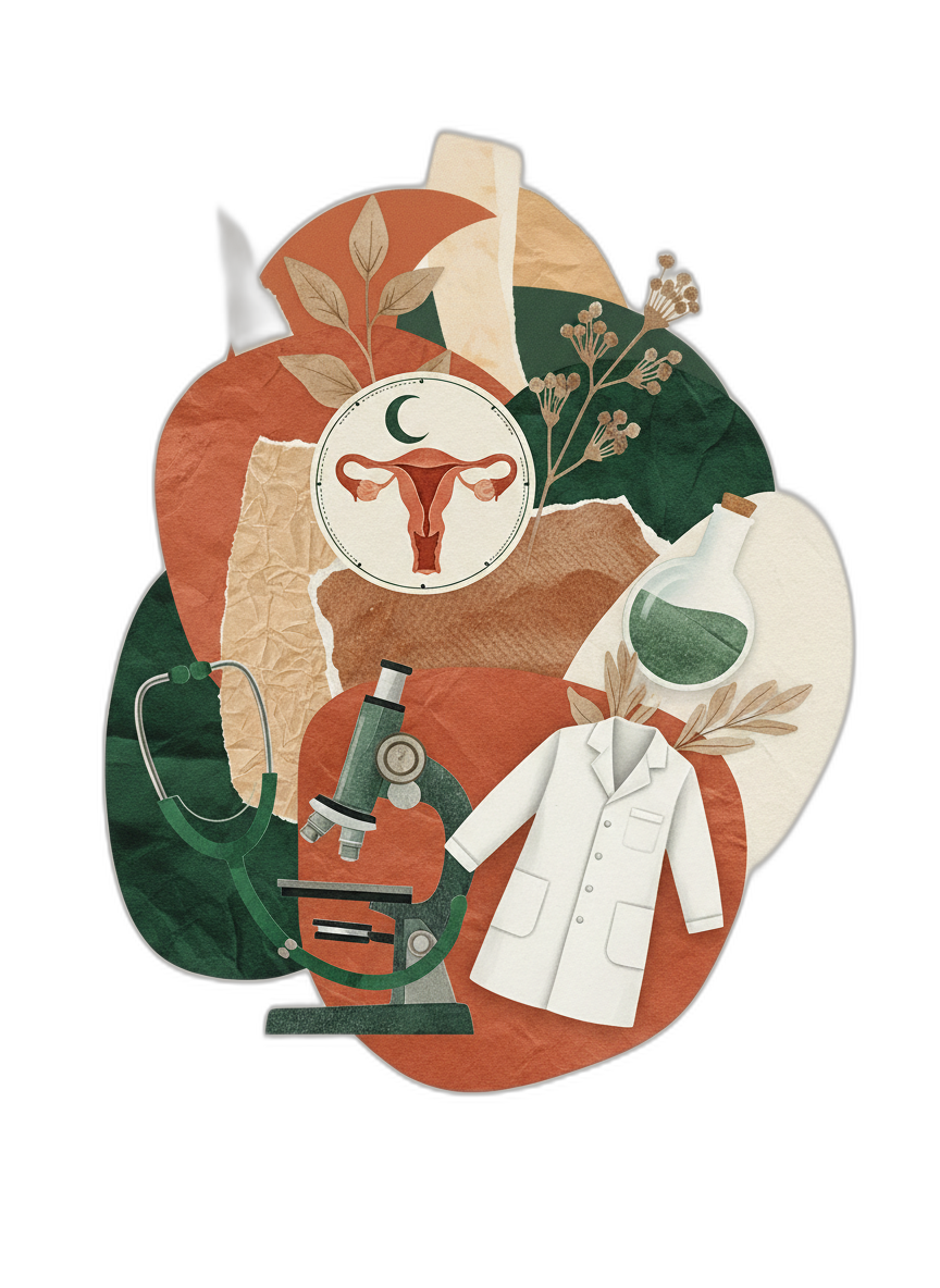 Vintage collage illustration with uterus, microscope, lab coat, and botanicals in terracotta and forest green