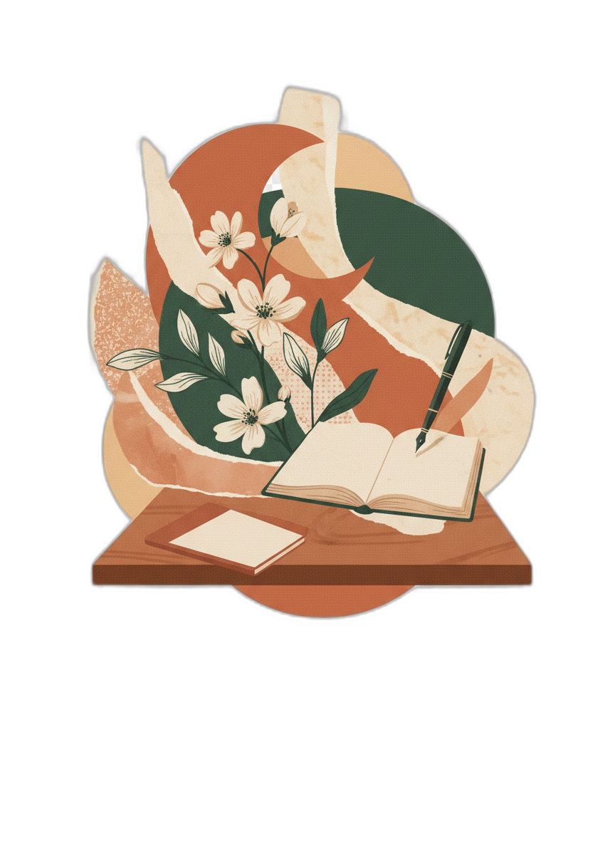 Vintage collage illustration with book, flowers, desk, and woman in terracotta and forest green
