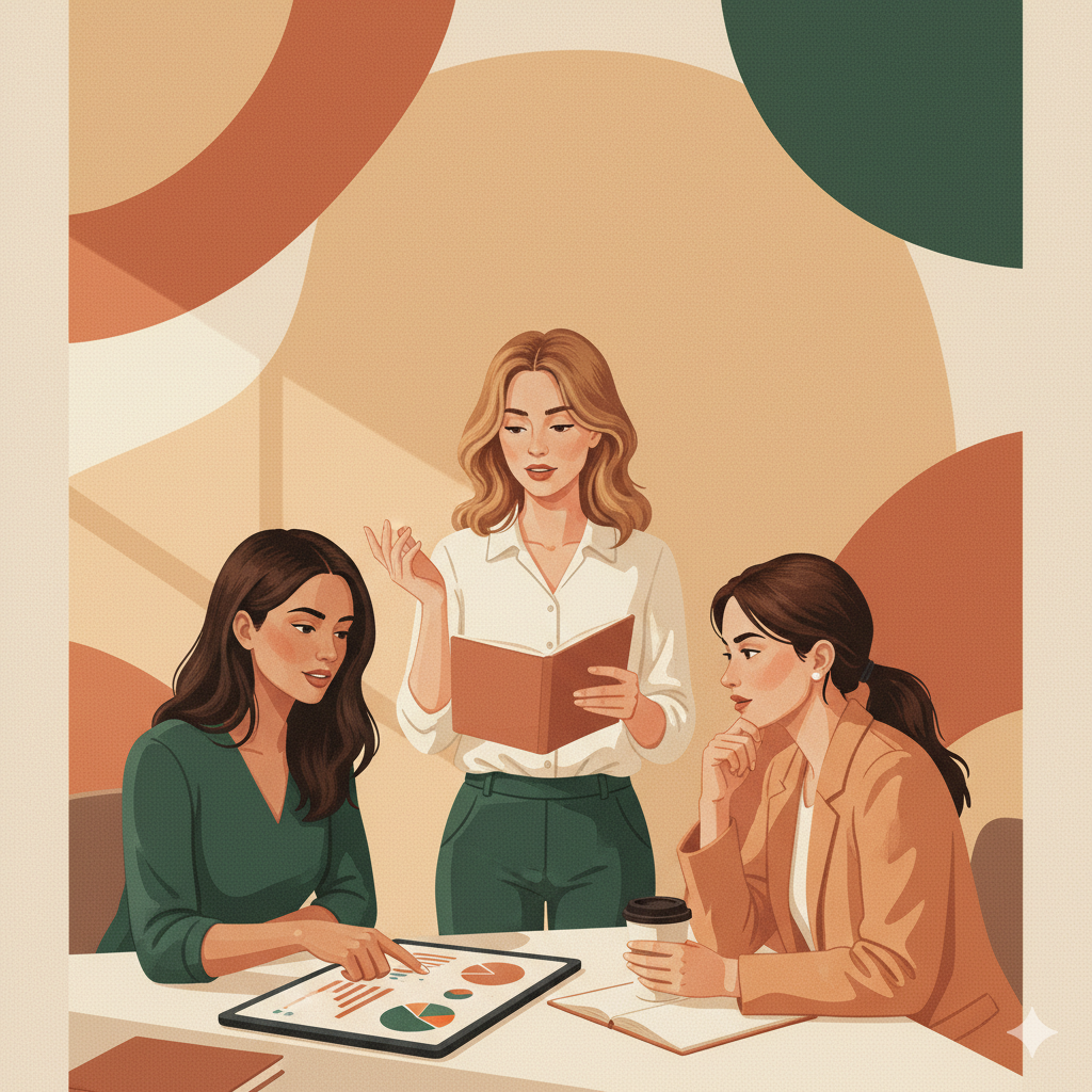 Illustration of three women collaborating around a table with data and charts