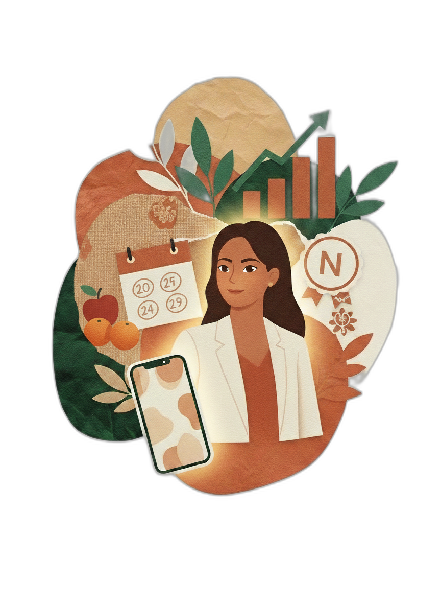 Vintage collage illustration of a professional woman with calendar, botanicals, charts, and wellness elements